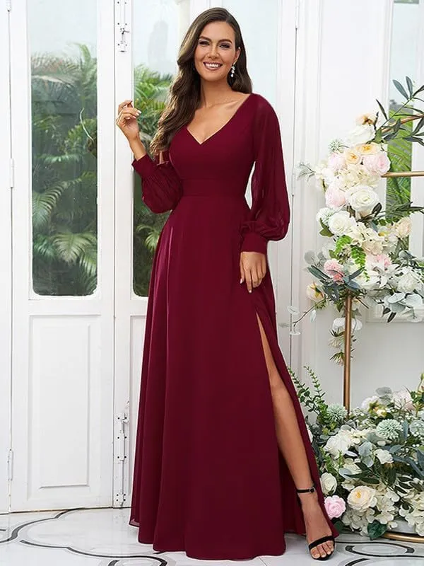 Long Sleeve Bridesmaid Dresses for Wedding Women's V Neck Chiffon Formal Evening Dress with Slit