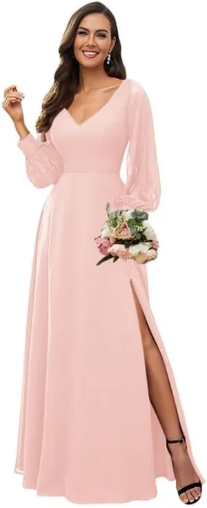 Long Sleeve Bridesmaid Dresses for Wedding Women's V Neck Chiffon Formal Evening Dress with Slit