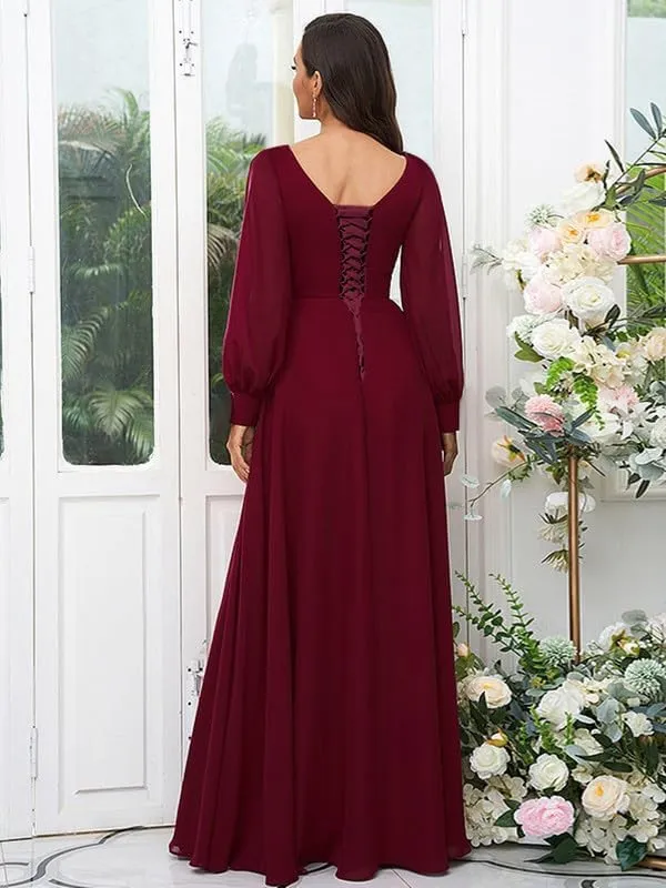 Long Sleeve Bridesmaid Dresses for Wedding Women's V Neck Chiffon Formal Evening Dress with Slit