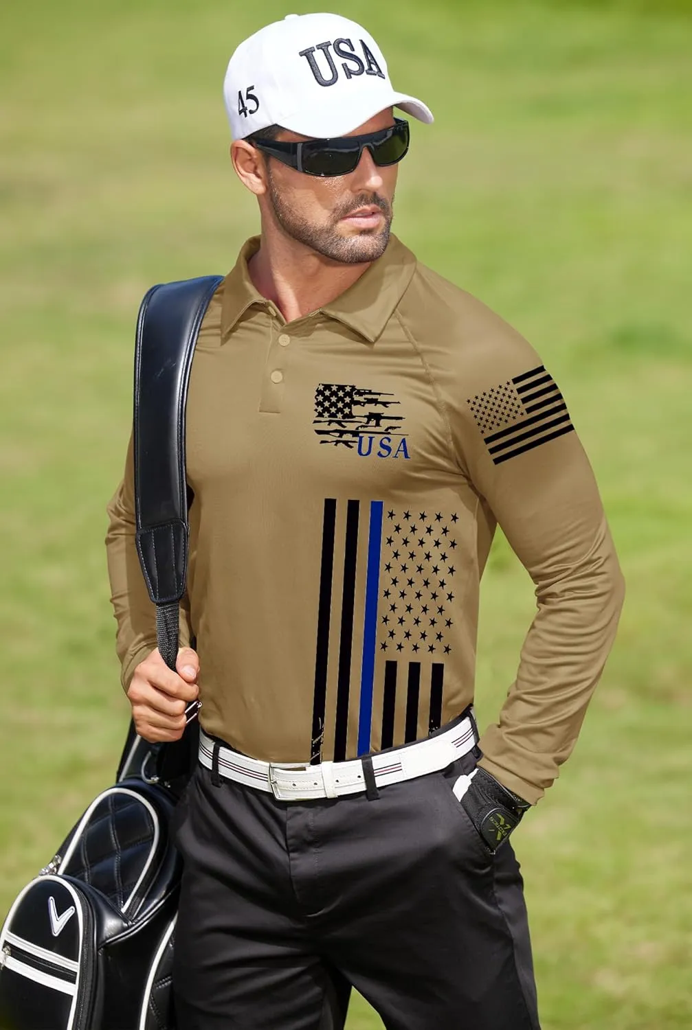 Mainfini Men's Long Sleeve 1776 Golf Shirt USA Flag Graphic Button Polo Shirt (S-3XL)