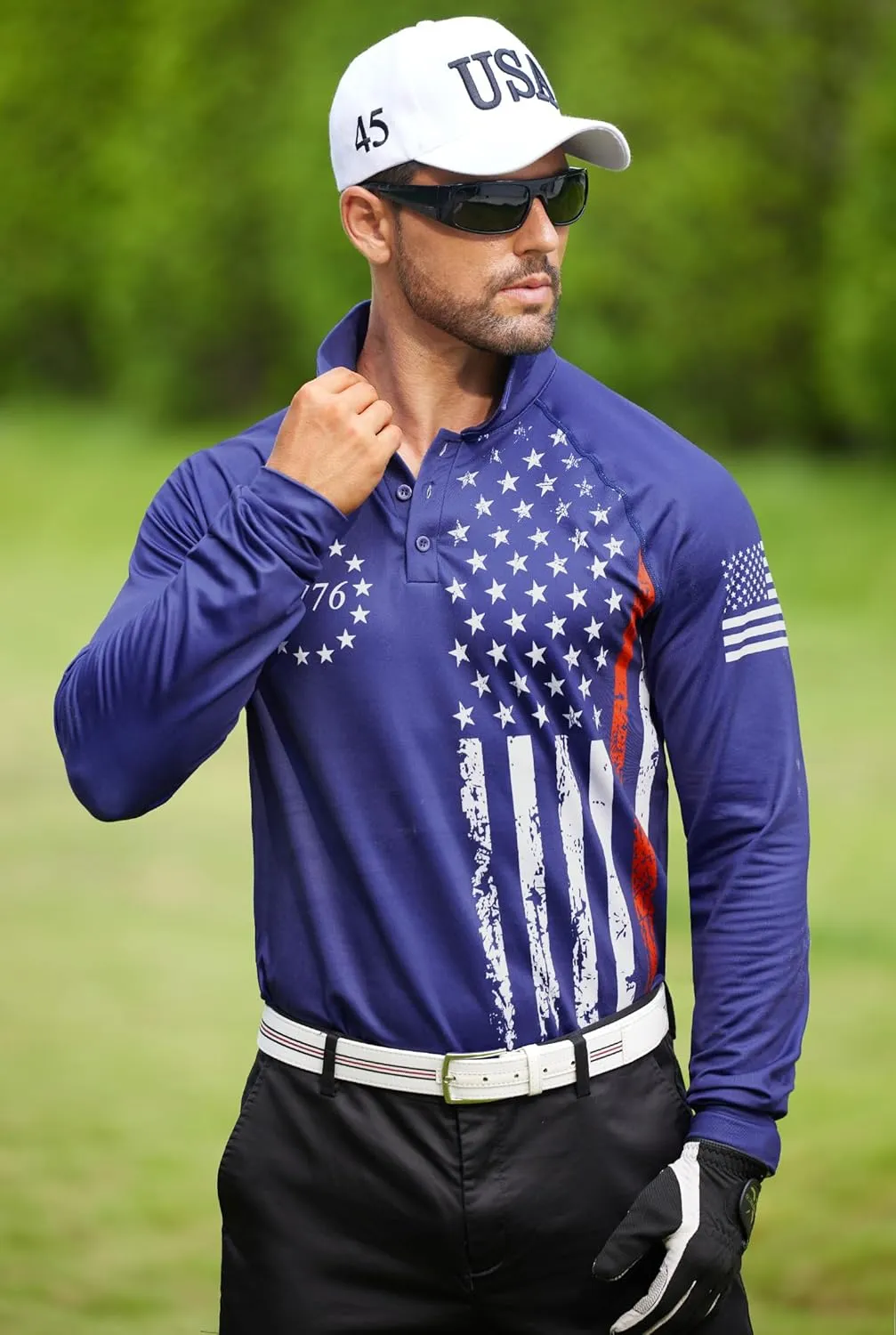 Mainfini Men's Long Sleeve 1776 Golf Shirt USA Flag Graphic Button Polo Shirt (S-3XL)