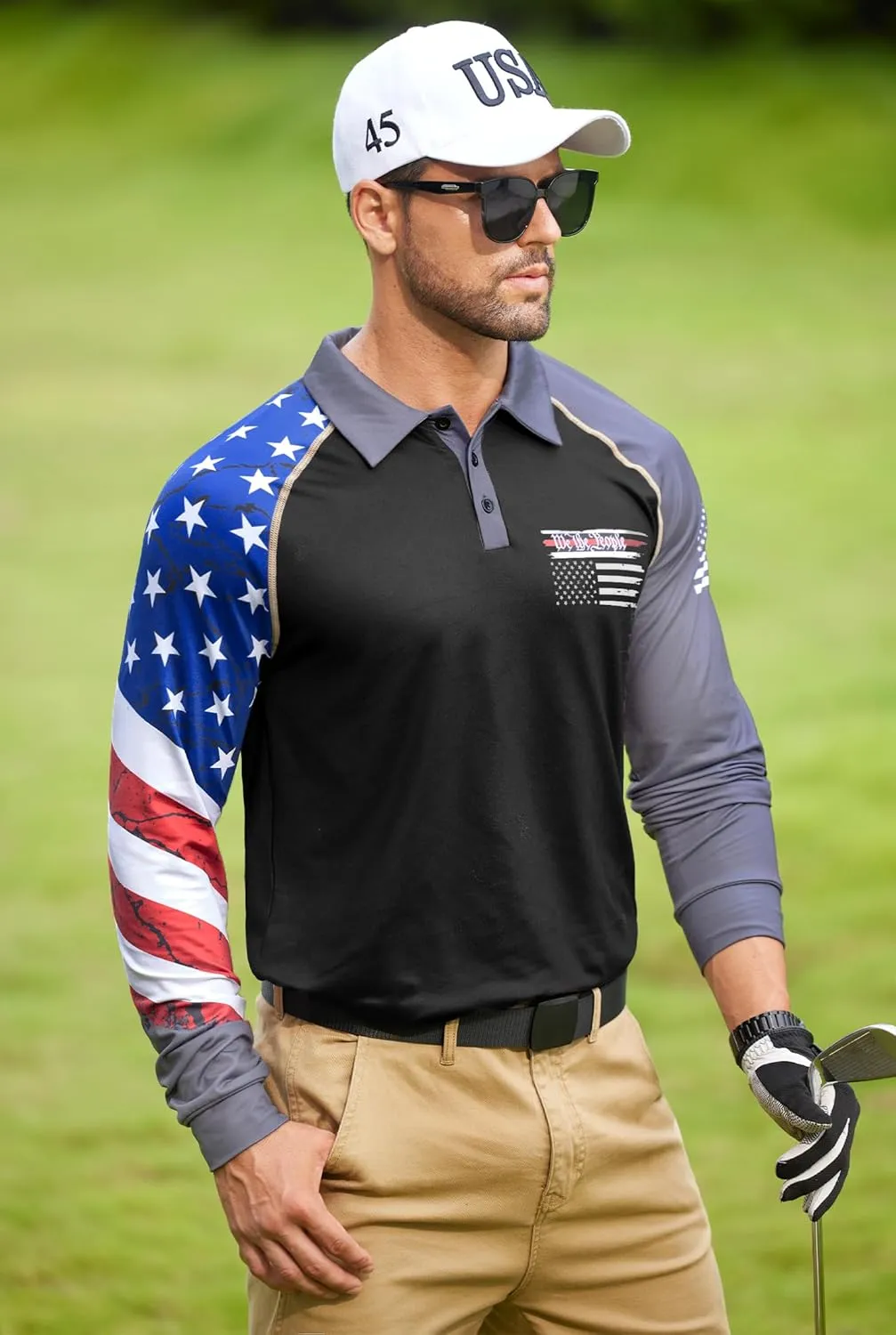 Mainfini Men's Long Sleeve 1776 Golf Shirt USA Flag Graphic Button Polo Shirt (S-3XL)