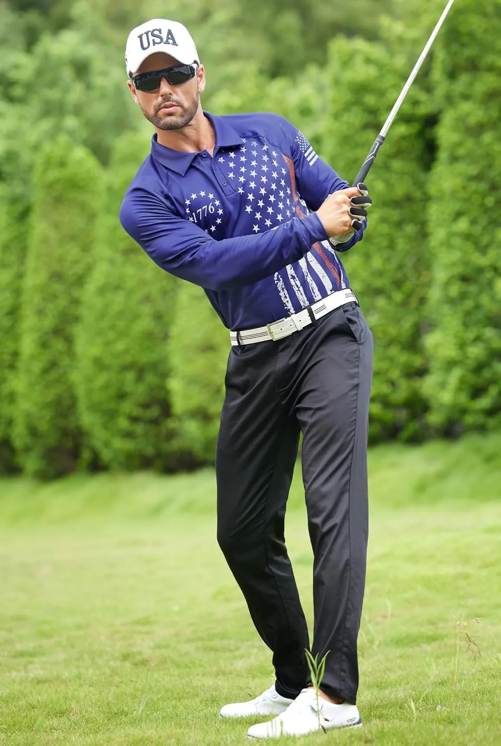Mainfini Men's Long Sleeve 1776 Golf Shirt USA Flag Graphic Button Polo Shirt (S-3XL)