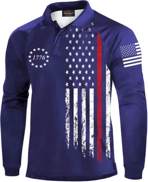 Mainfini Men's Long Sleeve 1776 Golf Shirt USA Flag Graphic Button Polo Shirt (S-3XL)