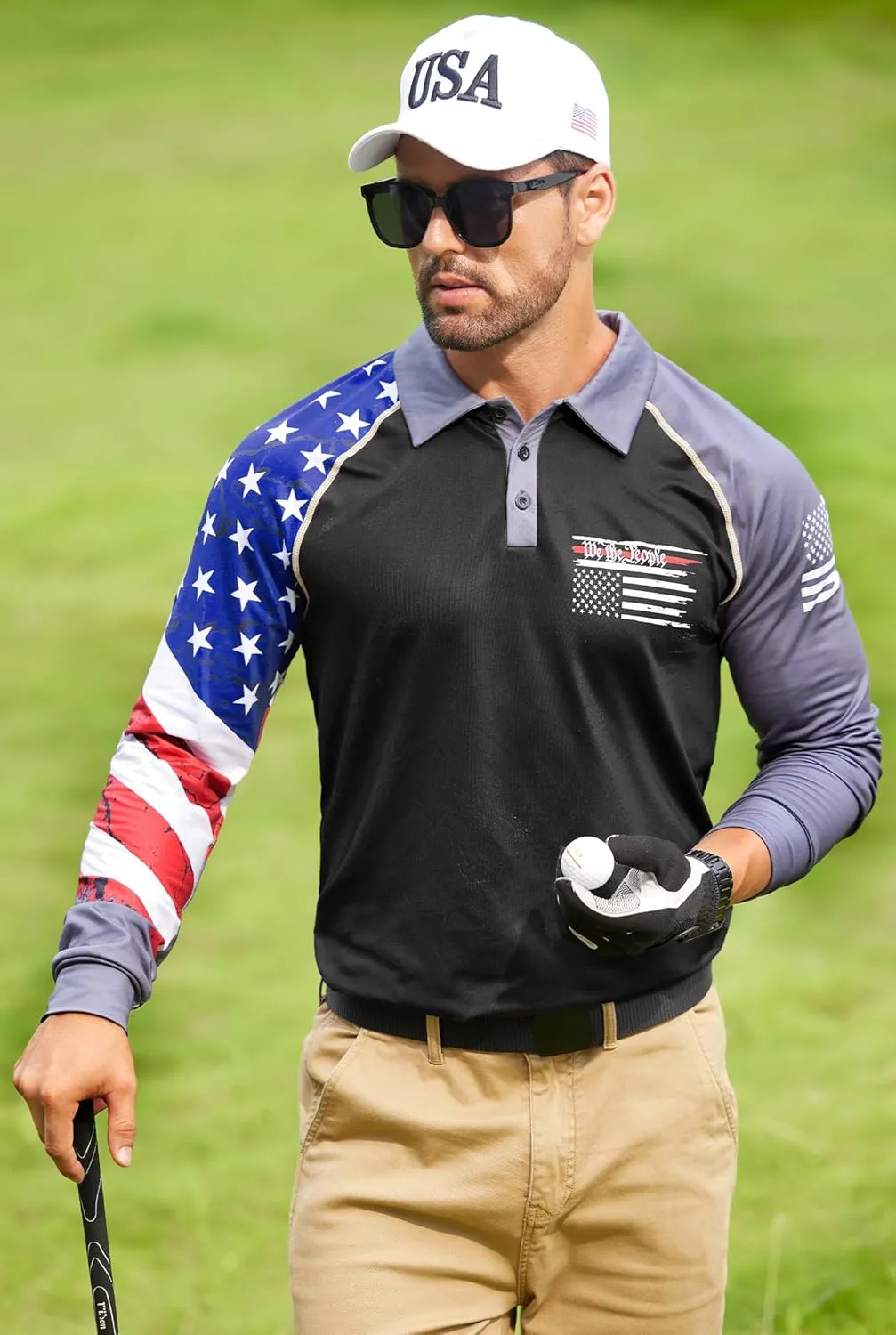 Mainfini Men's Long Sleeve 1776 Golf Shirt USA Flag Graphic Button Polo Shirt (S-3XL)