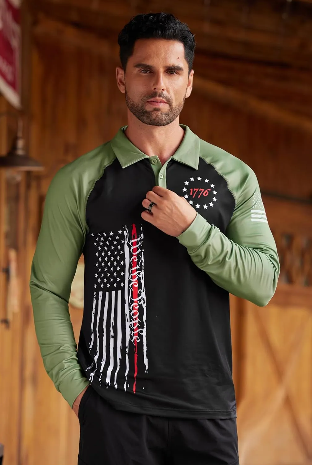 Mainfini Men's Long Sleeve 1776 Golf Shirt USA Flag Graphic Button Polo Shirt (S-3XL)