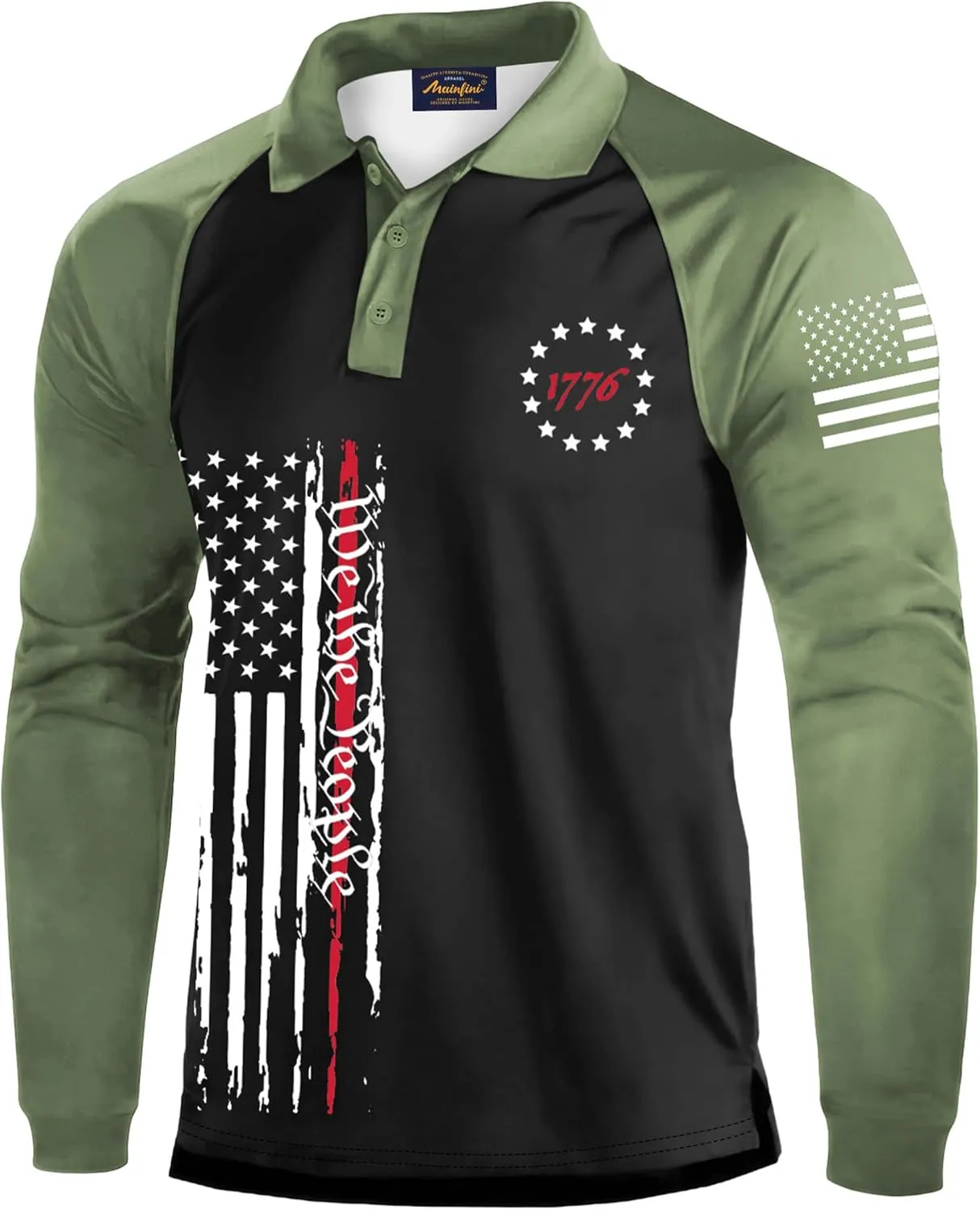 Mainfini Men's Long Sleeve 1776 Golf Shirt USA Flag Graphic Button Polo Shirt (S-3XL)