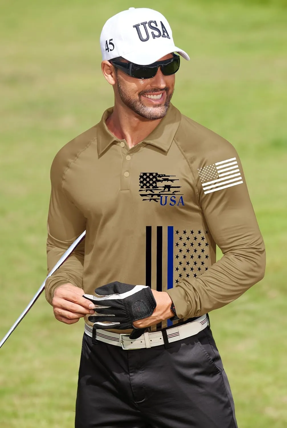 Mainfini Men's Long Sleeve 1776 Golf Shirt USA Flag Graphic Button Polo Shirt (S-3XL)