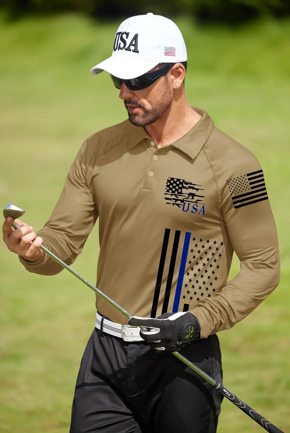 Mainfini Men's Long Sleeve 1776 Golf Shirt USA Flag Graphic Button Polo Shirt (S-3XL)
