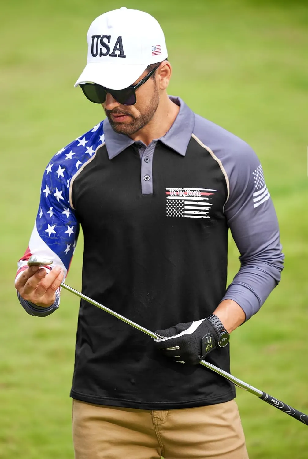 Mainfini Men's Long Sleeve 1776 Golf Shirt USA Flag Graphic Button Polo Shirt (S-3XL)