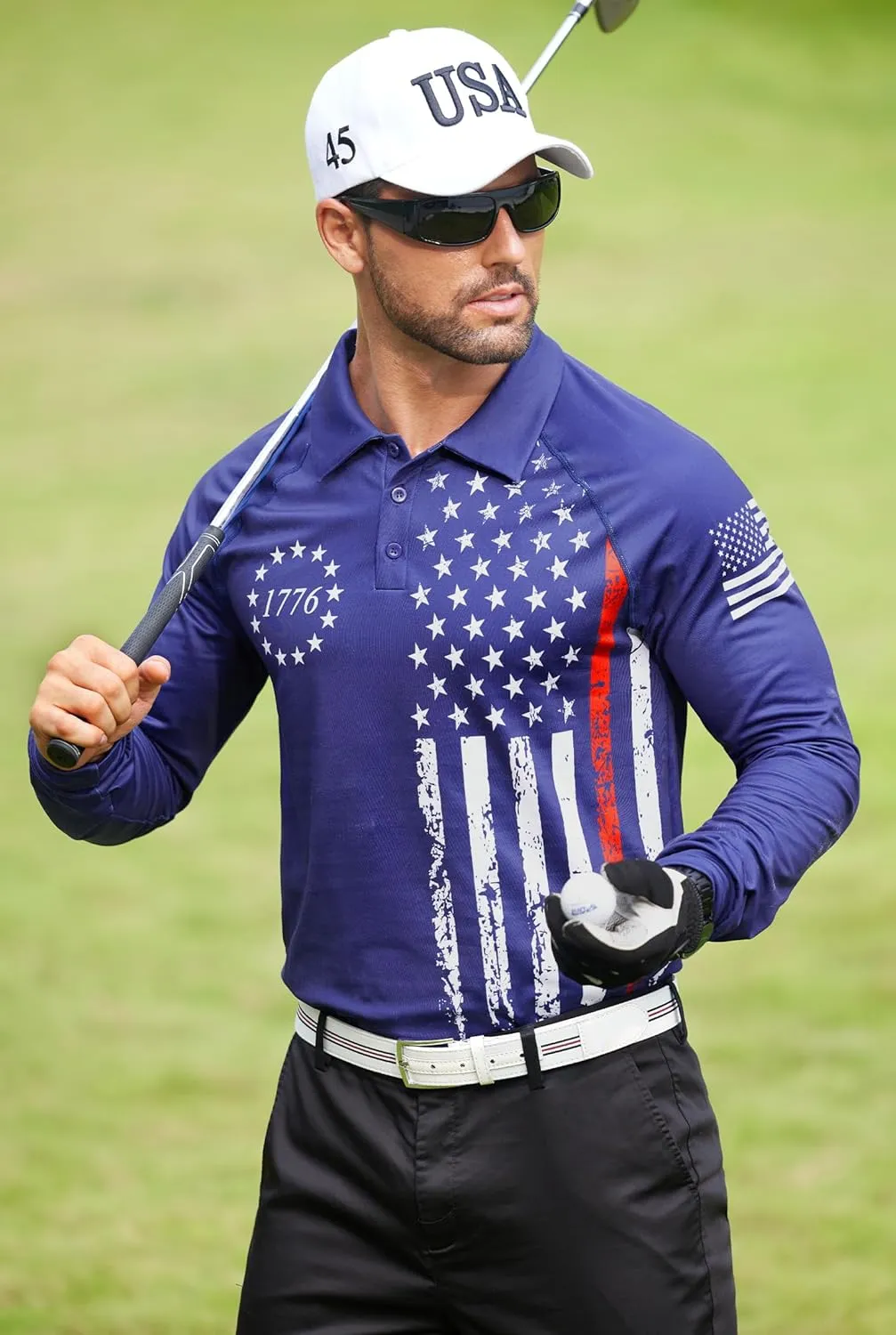 Mainfini Men's Long Sleeve 1776 Golf Shirt USA Flag Graphic Button Polo Shirt (S-3XL)