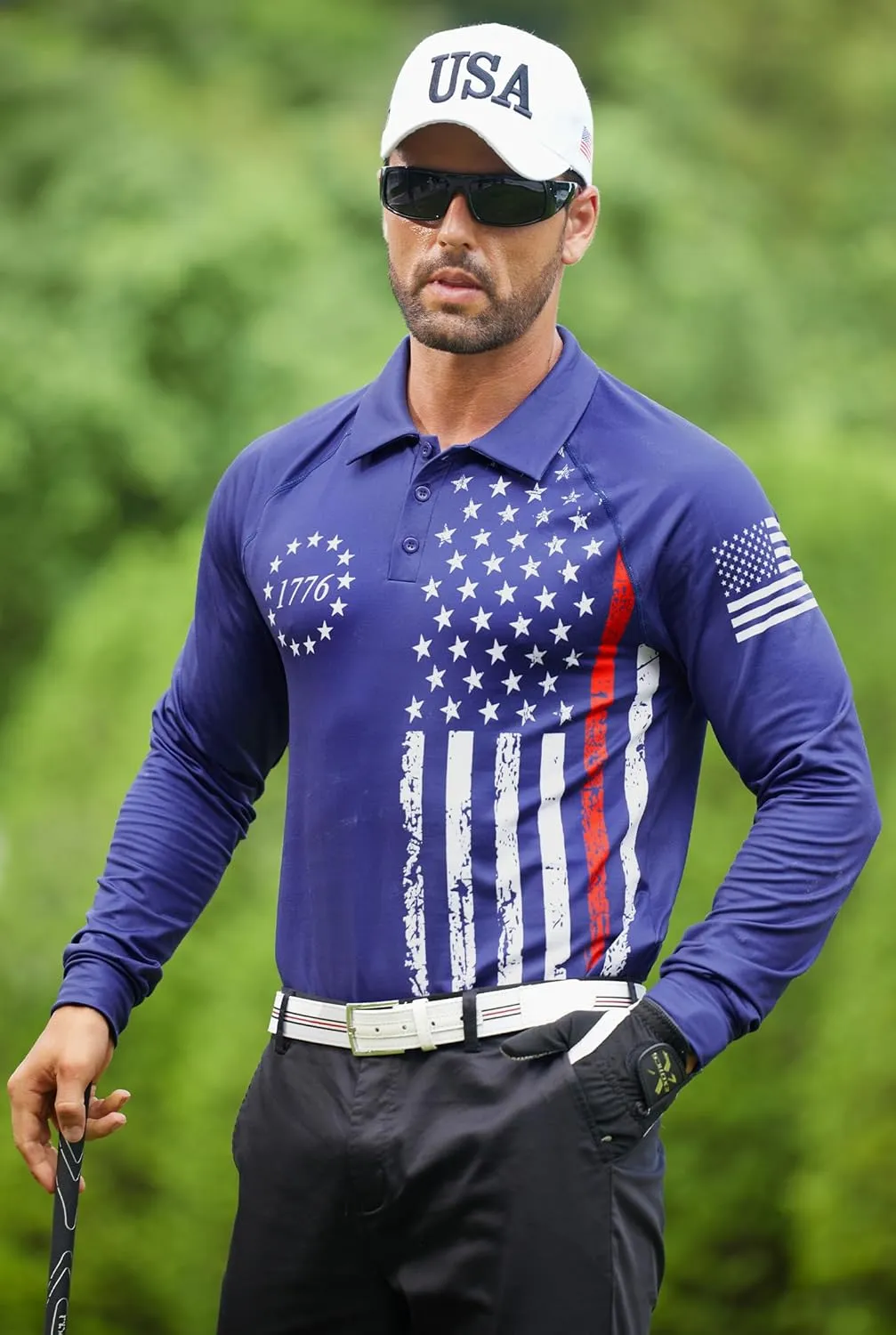 Mainfini Men's Long Sleeve 1776 Golf Shirt USA Flag Graphic Button Polo Shirt (S-3XL)