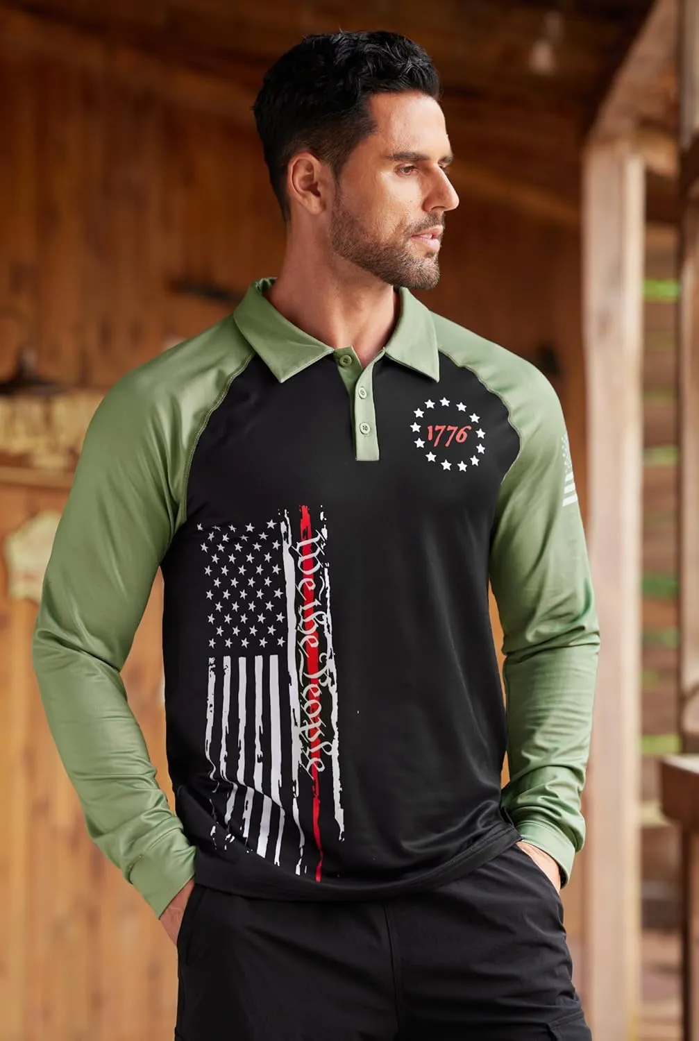 Mainfini Men's Long Sleeve 1776 Golf Shirt USA Flag Graphic Button Polo Shirt (S-3XL)