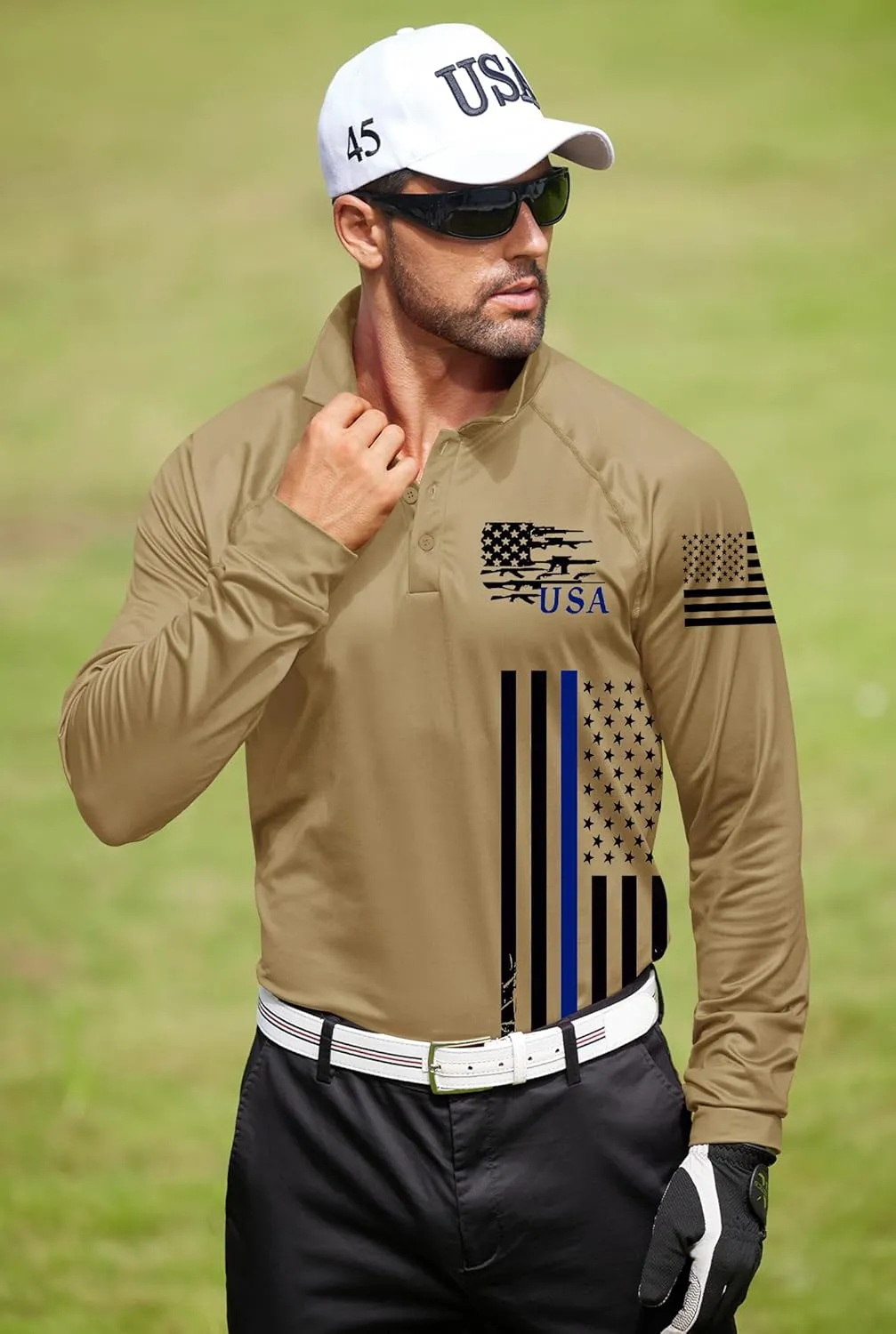 Mainfini Men's Long Sleeve 1776 Golf Shirt USA Flag Graphic Button Polo Shirt (S-3XL)