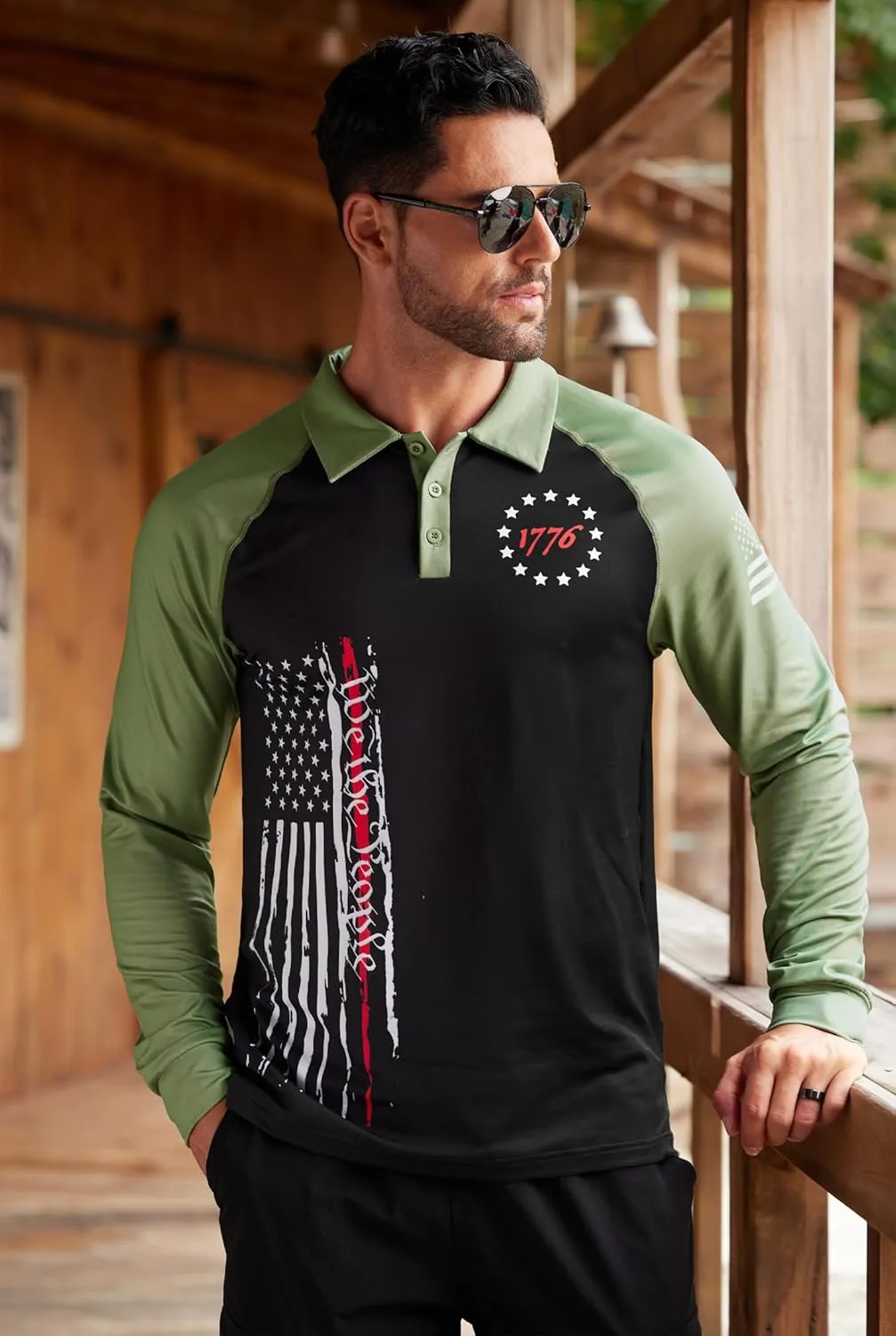 Mainfini Men's Long Sleeve 1776 Golf Shirt USA Flag Graphic Button Polo Shirt (S-3XL)