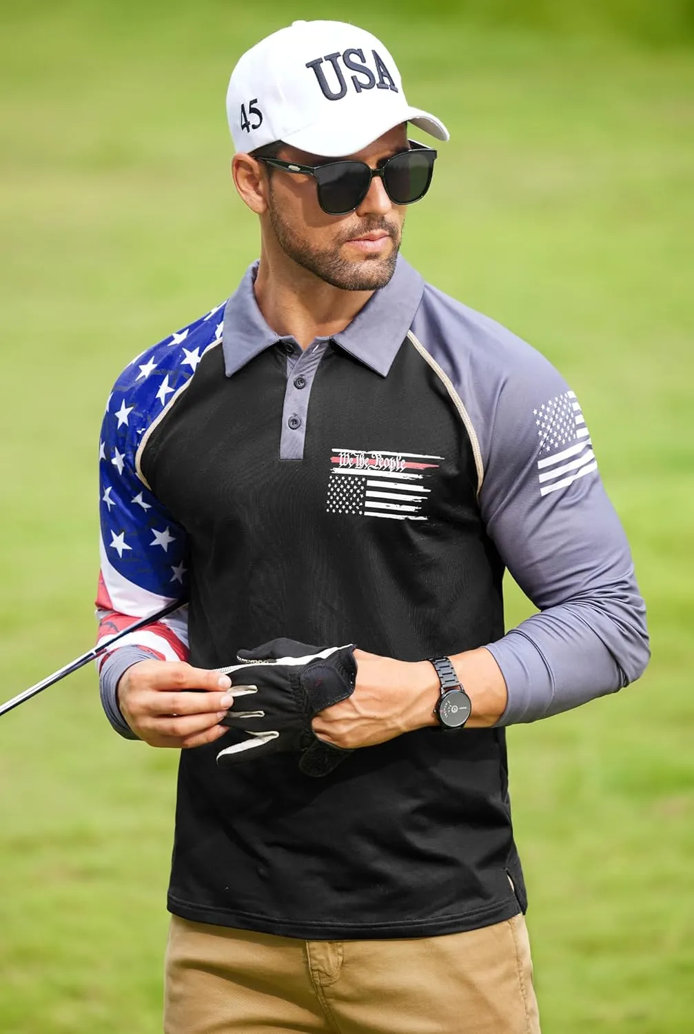 Mainfini Men's Long Sleeve 1776 Golf Shirt USA Flag Graphic Button Polo Shirt (S-3XL)