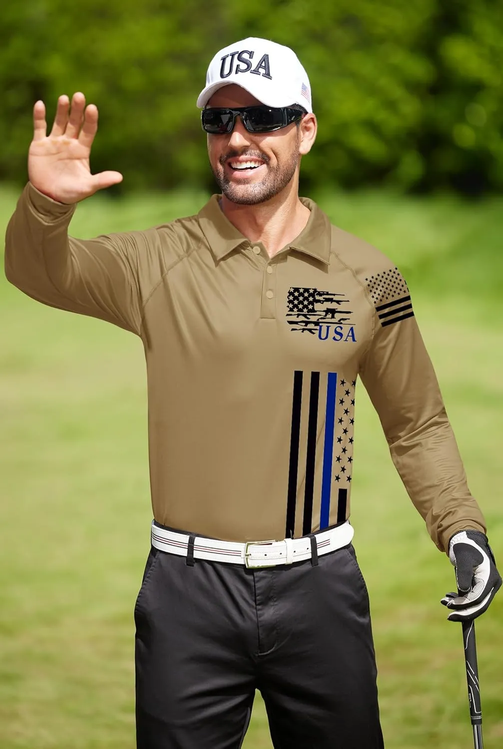 Mainfini Men's Long Sleeve 1776 Golf Shirt USA Flag Graphic Button Polo Shirt (S-3XL)