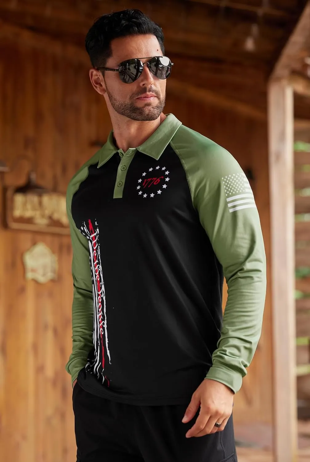Mainfini Men's Long Sleeve 1776 Golf Shirt USA Flag Graphic Button Polo Shirt (S-3XL)