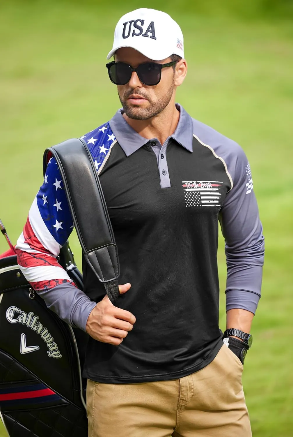 Mainfini Men's Long Sleeve 1776 Golf Shirt USA Flag Graphic Button Polo Shirt (S-3XL)