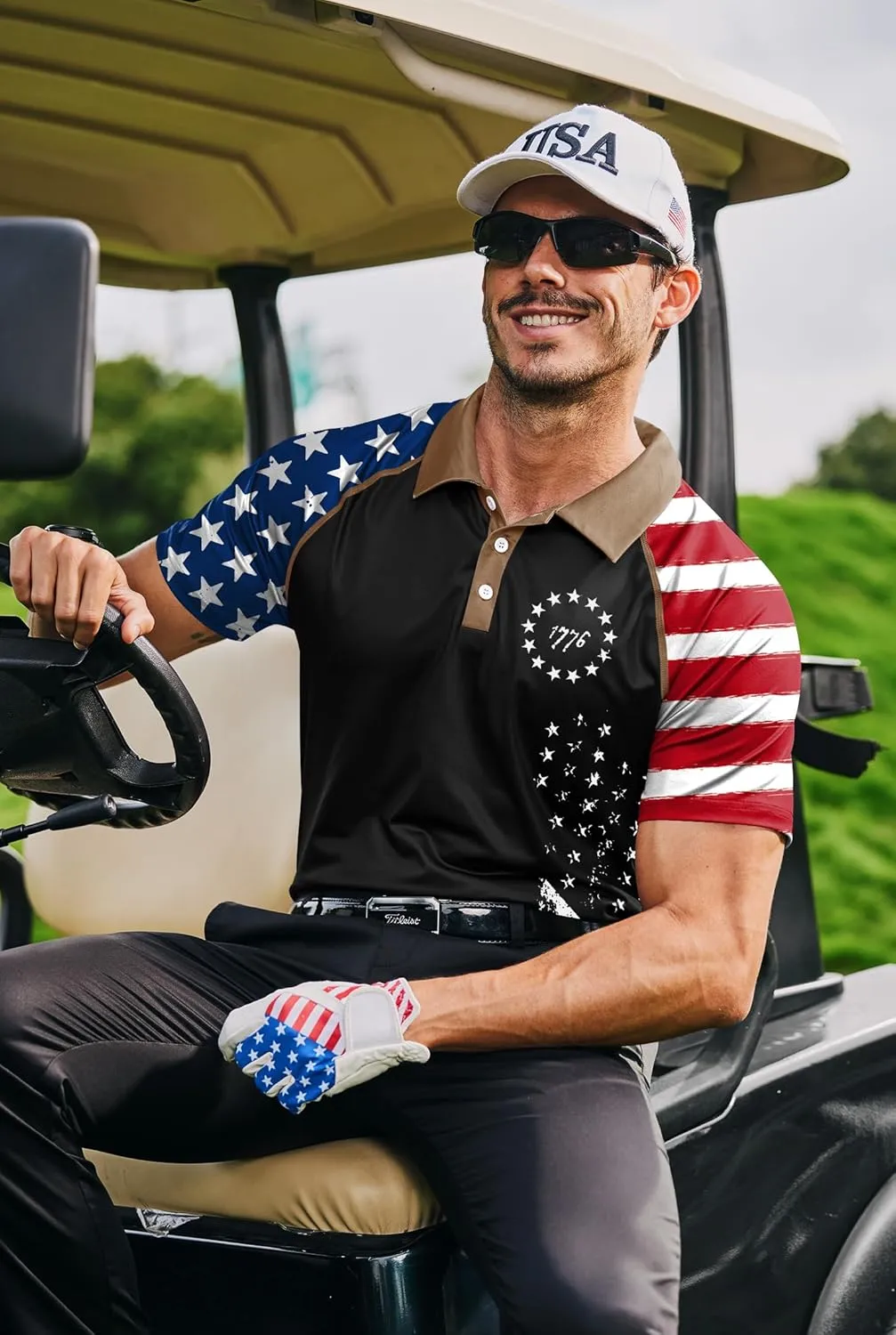 Mainfini Men's Short Sleeve Golf Shirt 1776 USA Flag Graphic Button Polo Shirt (S-3XL)