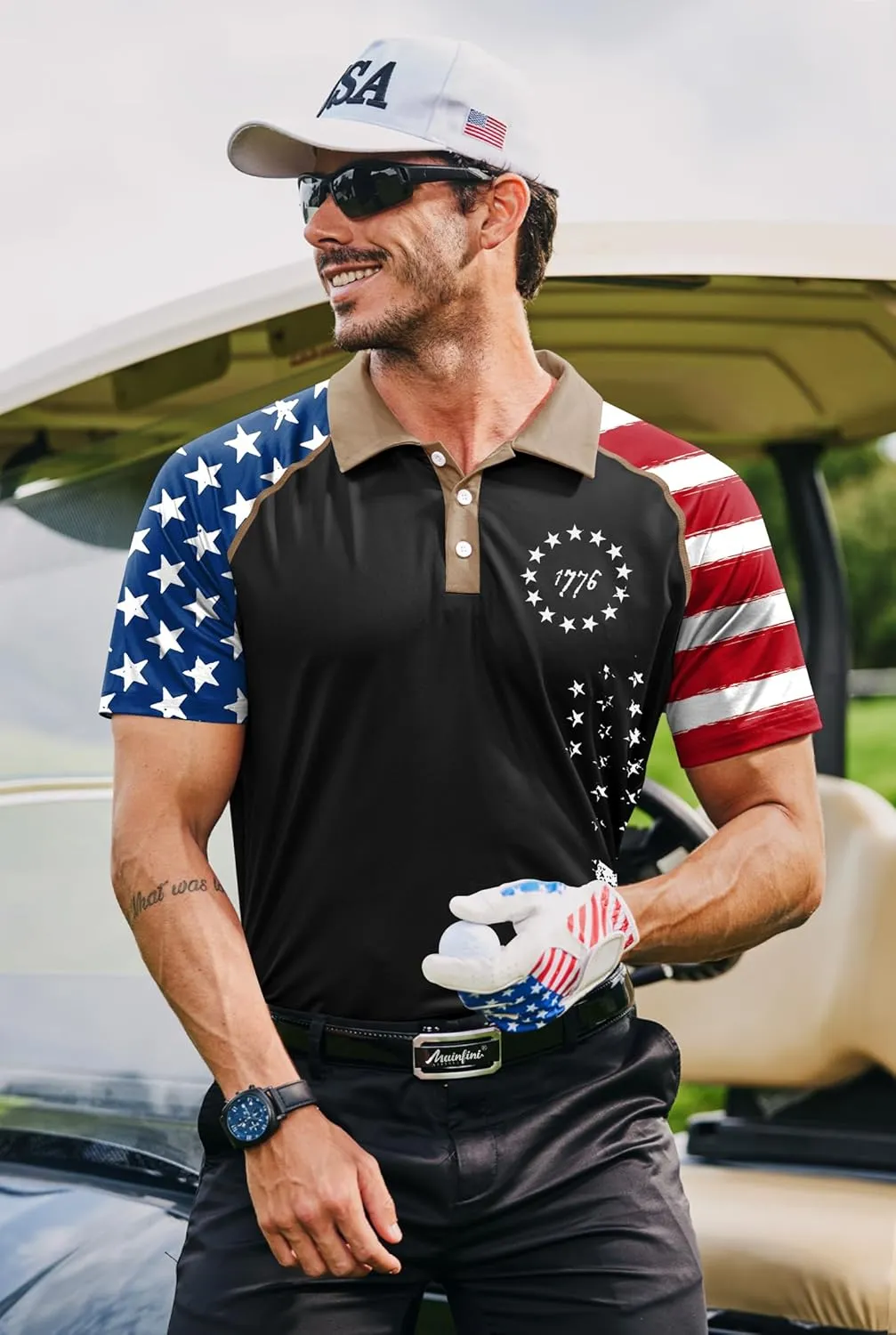 Mainfini Men's Short Sleeve Golf Shirt 1776 USA Flag Graphic Button Polo Shirt (S-3XL)