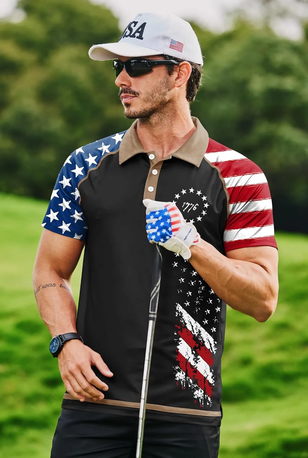 Mainfini Men's Short Sleeve Golf Shirt 1776 USA Flag Graphic Button Polo Shirt (S-3XL)