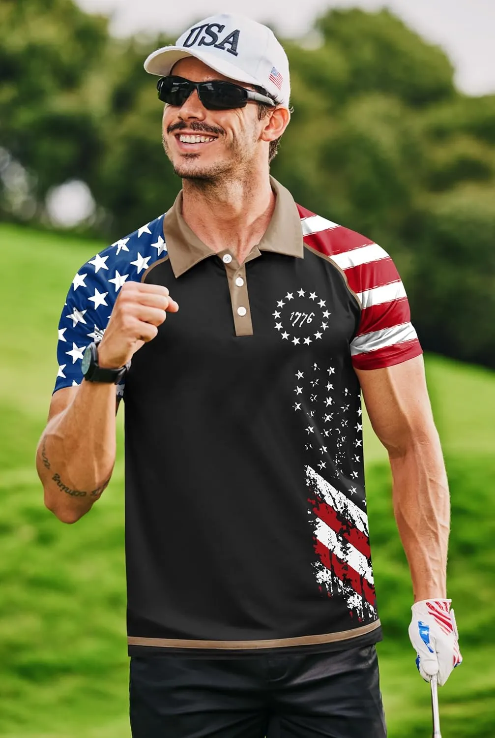 Mainfini Men's Short Sleeve Golf Shirt 1776 USA Flag Graphic Button Polo Shirt (S-3XL)
