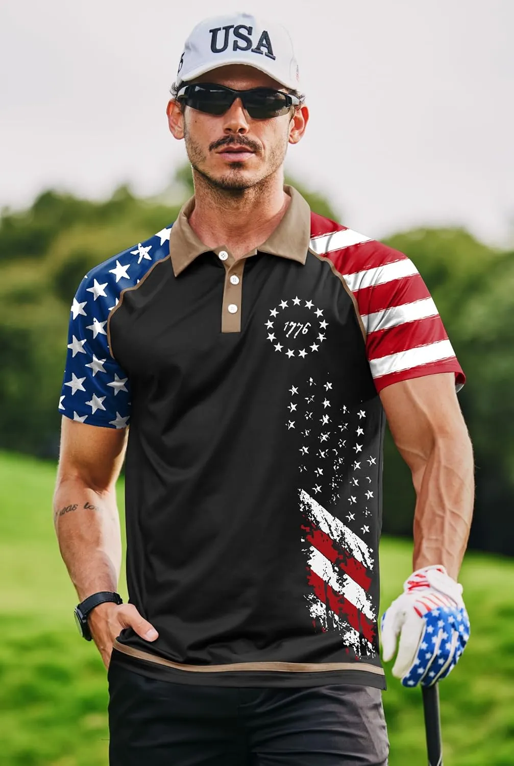 Mainfini Men's Short Sleeve Golf Shirt 1776 USA Flag Graphic Button Polo Shirt (S-3XL)