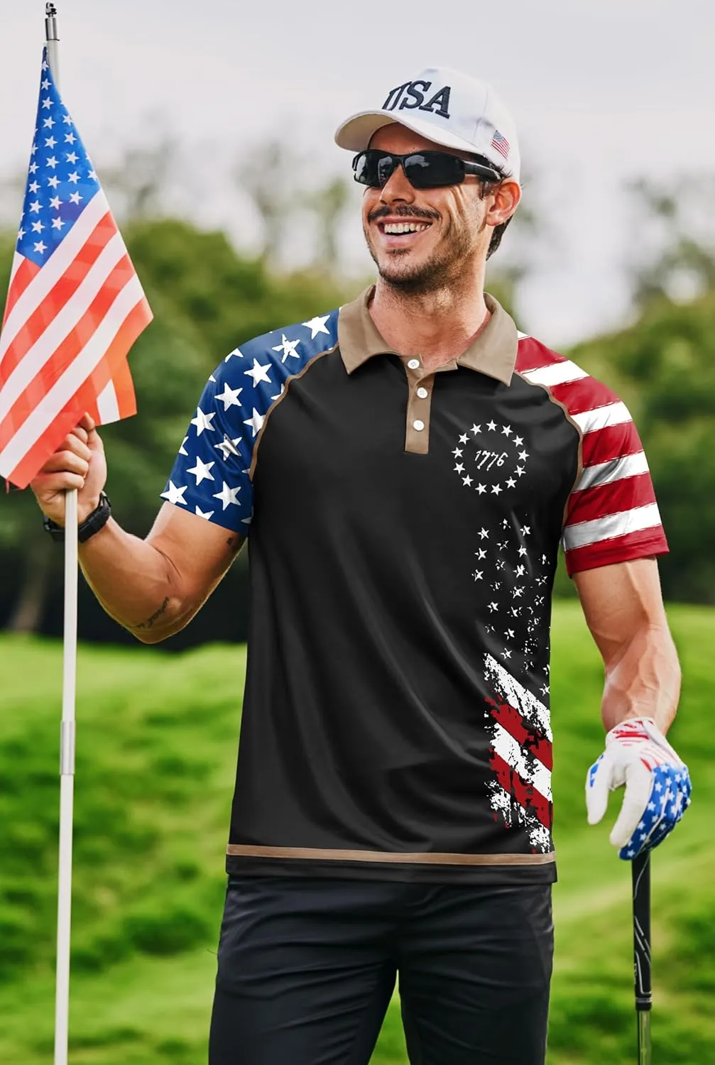 Mainfini Men's Short Sleeve Golf Shirt 1776 USA Flag Graphic Button Polo Shirt (S-3XL)