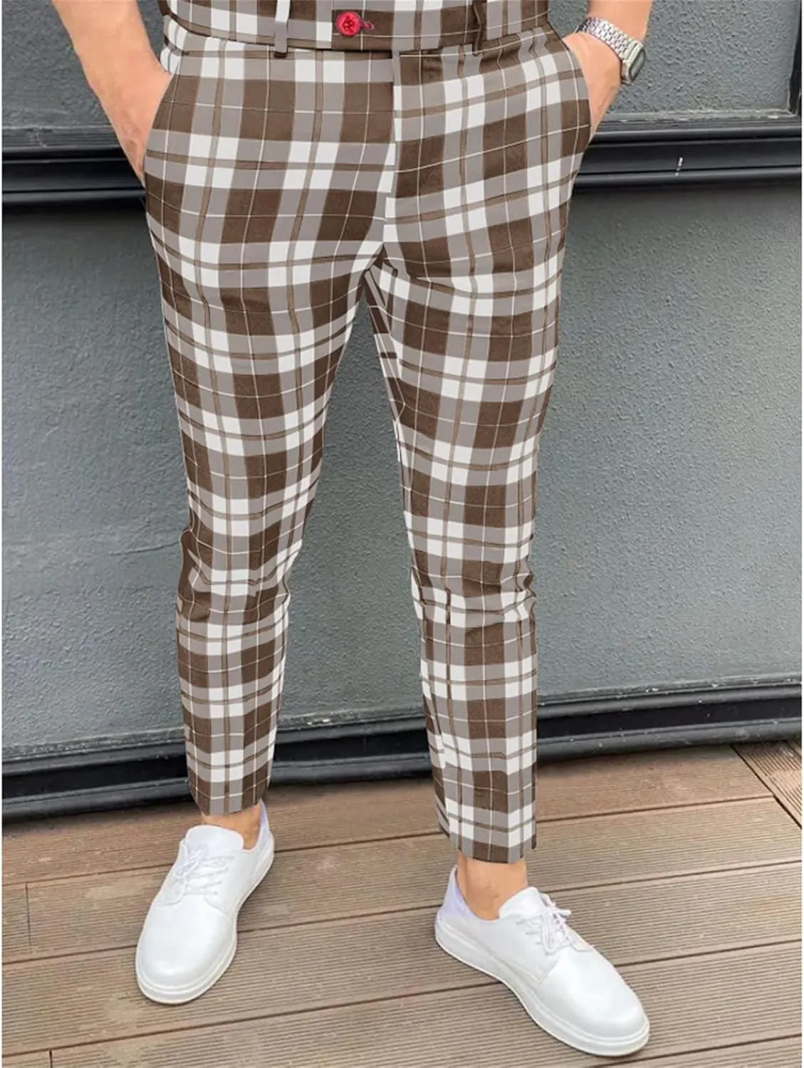 Maiyifu-GJ Men Plaid Dress Chino Pants Casual Stretch Slim Fit Business Trousers Checked Flat Front Skinny Golf Long Pant