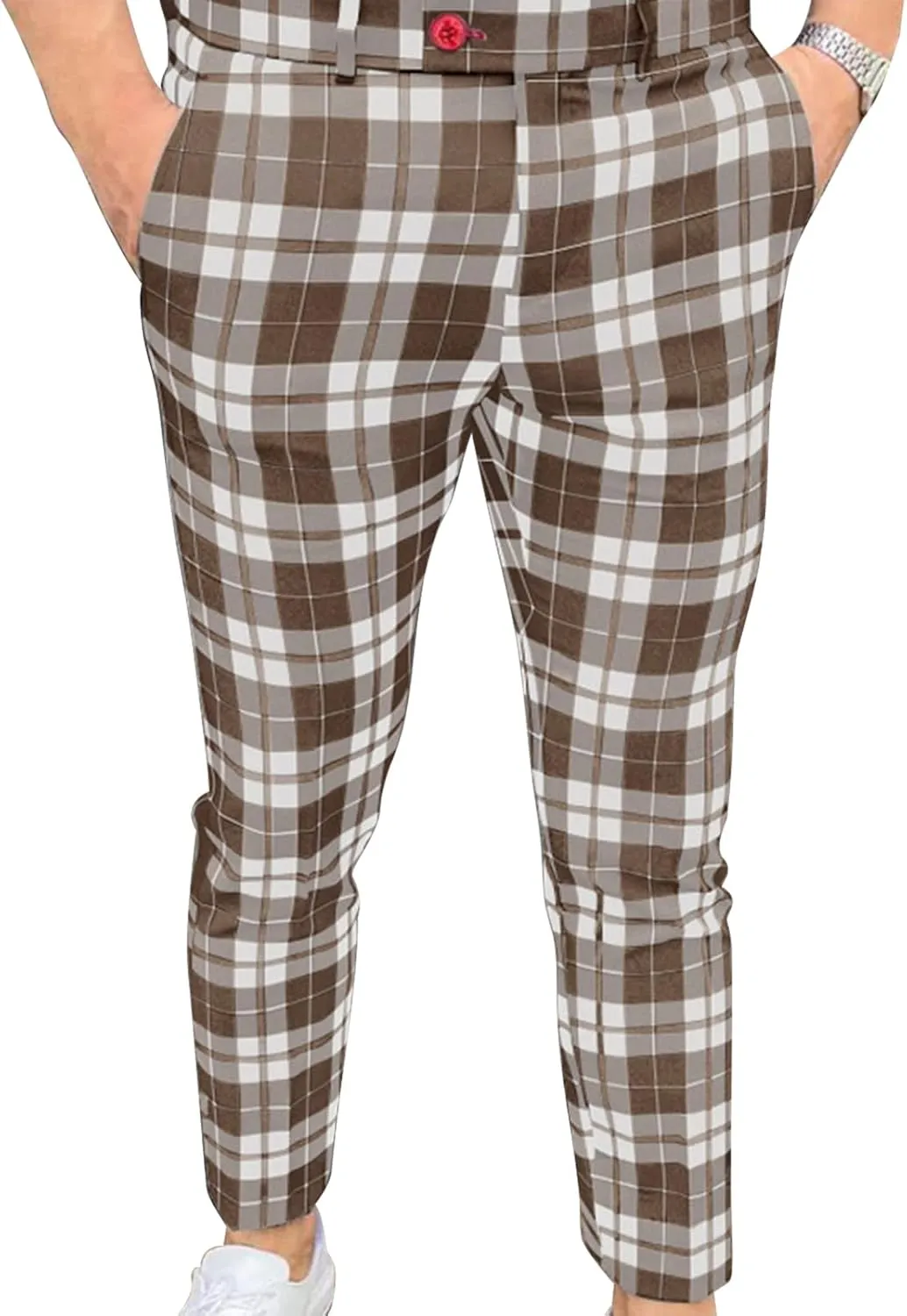 Maiyifu-GJ Men Plaid Dress Chino Pants Casual Stretch Slim Fit Business Trousers Checked Flat Front Skinny Golf Long Pant
