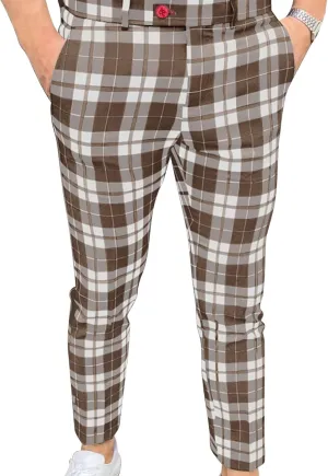Maiyifu-GJ Men Plaid Dress Chino Pants Casual Stretch Slim Fit Business Trousers Checked Flat Front Skinny Golf Long Pant