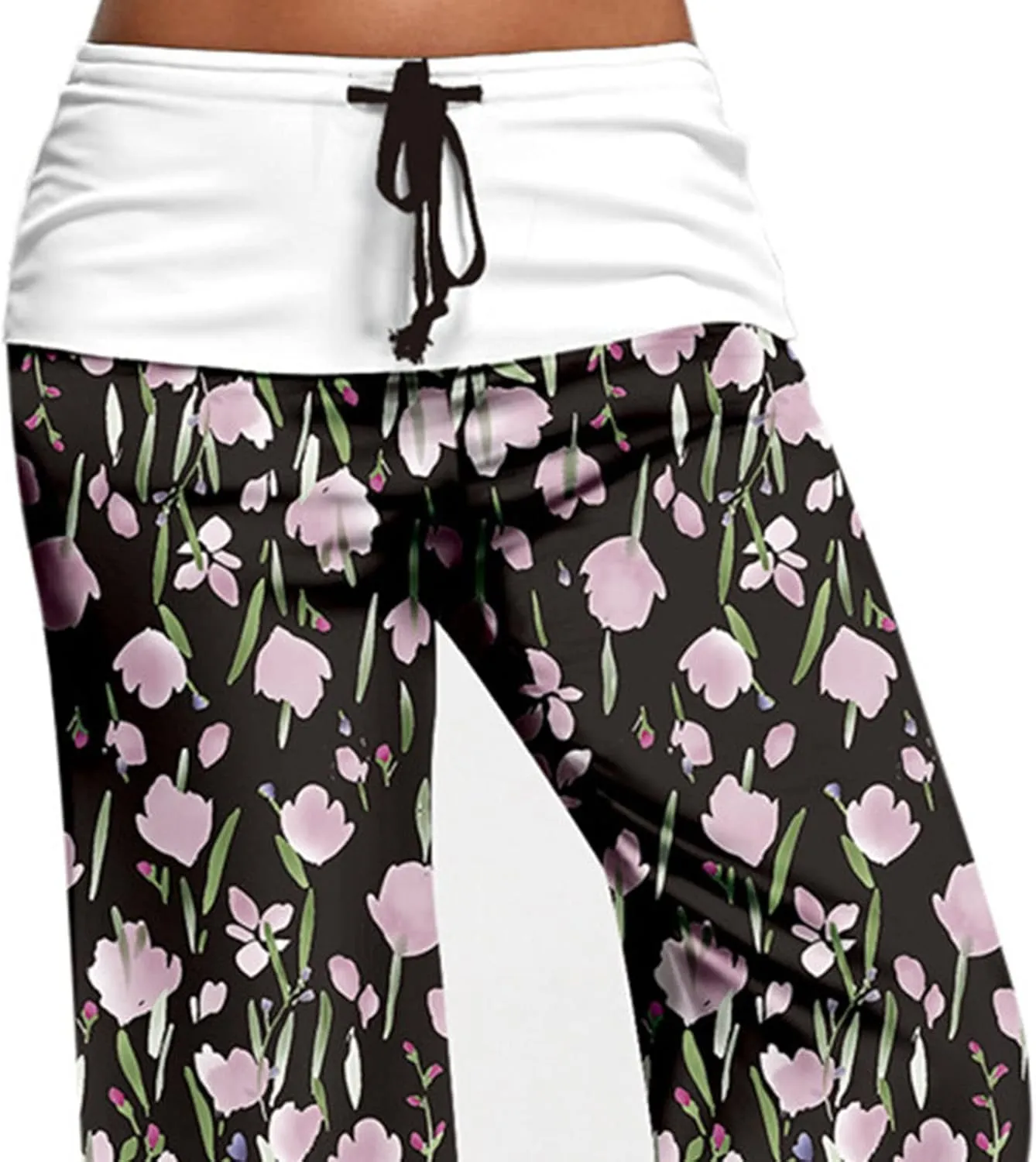Maiyifu-GJ Women's Comfy Floral Print Palazzo Pants High Waist Drawstring Yoga Trousers Casual Stretch Wide Leg Lounge Pant