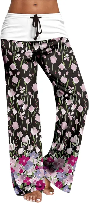 Maiyifu-GJ Women's Comfy Floral Print Palazzo Pants High Waist Drawstring Yoga Trousers Casual Stretch Wide Leg Lounge Pant