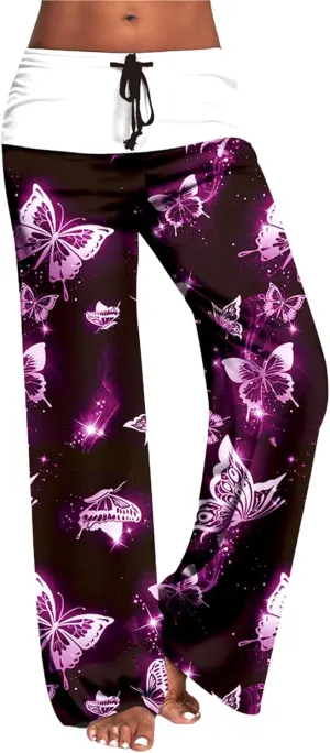 Maiyifu-GJ Women's Comfy Floral Print Palazzo Pants High Waist Drawstring Yoga Trousers Casual Stretch Wide Leg Lounge Pant