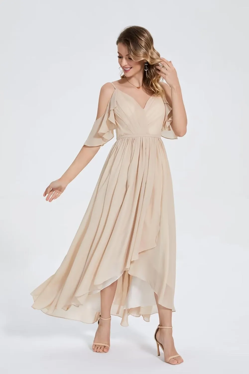 Maxianever Women's Cold Shoulder Bridesmaid Dresses Long Chiffon for Wedding Backless V Neck Formal Gowns with Slit