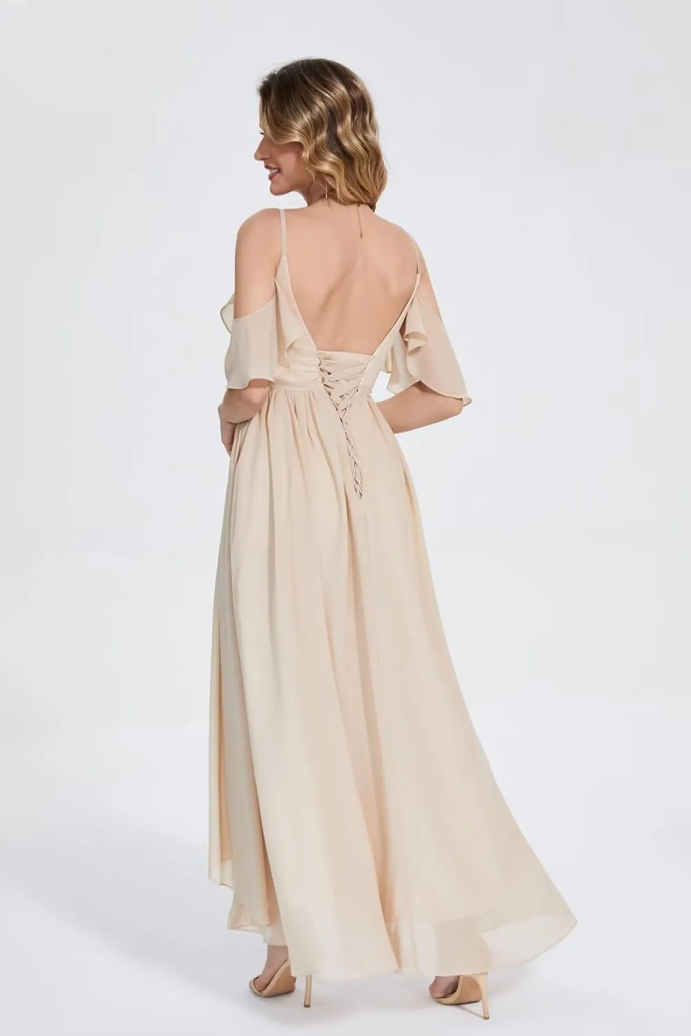 Maxianever Women's Cold Shoulder Bridesmaid Dresses Long Chiffon for Wedding Backless V Neck Formal Gowns with Slit