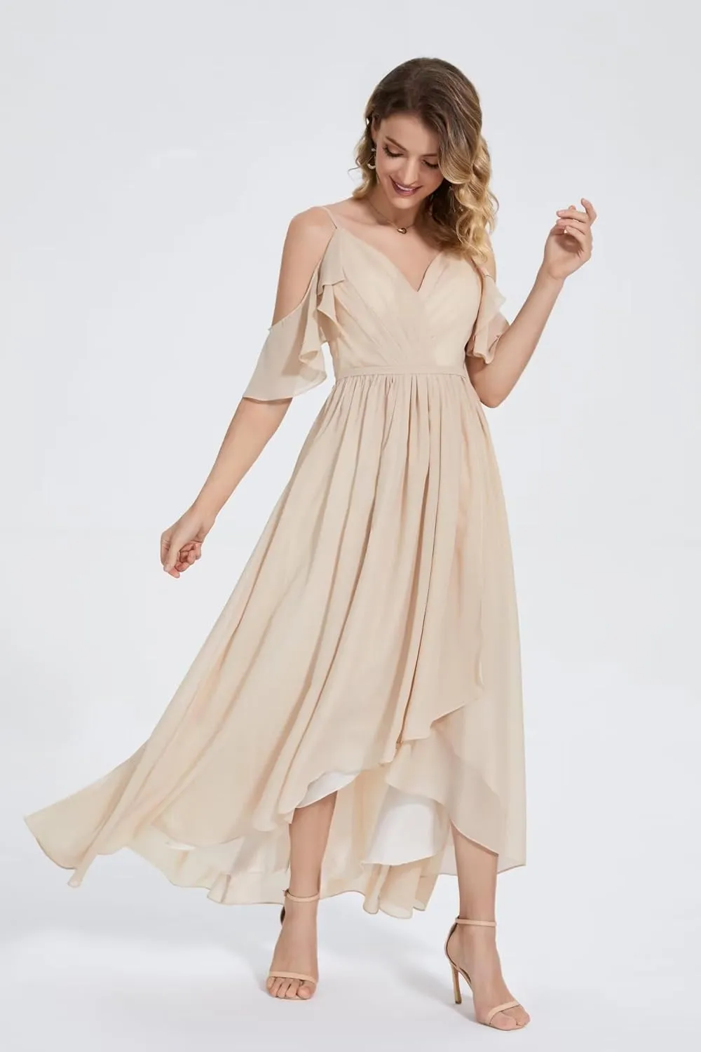 Maxianever Women's Cold Shoulder Bridesmaid Dresses Long Chiffon for Wedding Backless V Neck Formal Gowns with Slit