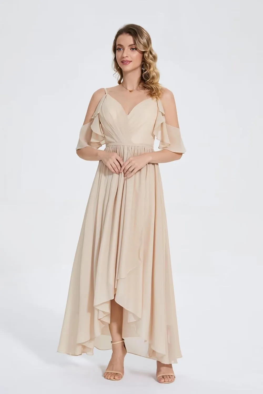 Maxianever Women's Cold Shoulder Bridesmaid Dresses Long Chiffon for Wedding Backless V Neck Formal Gowns with Slit