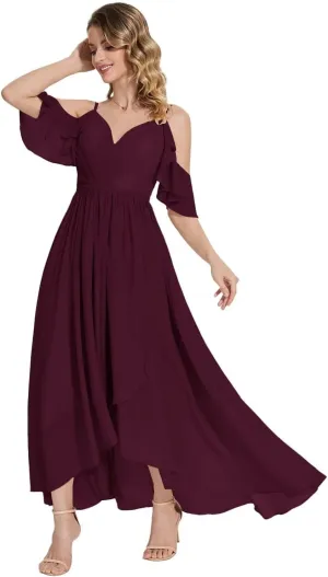 Maxianever Women's Cold Shoulder Bridesmaid Dresses Long Chiffon for Wedding Backless V Neck Formal Gowns with Slit