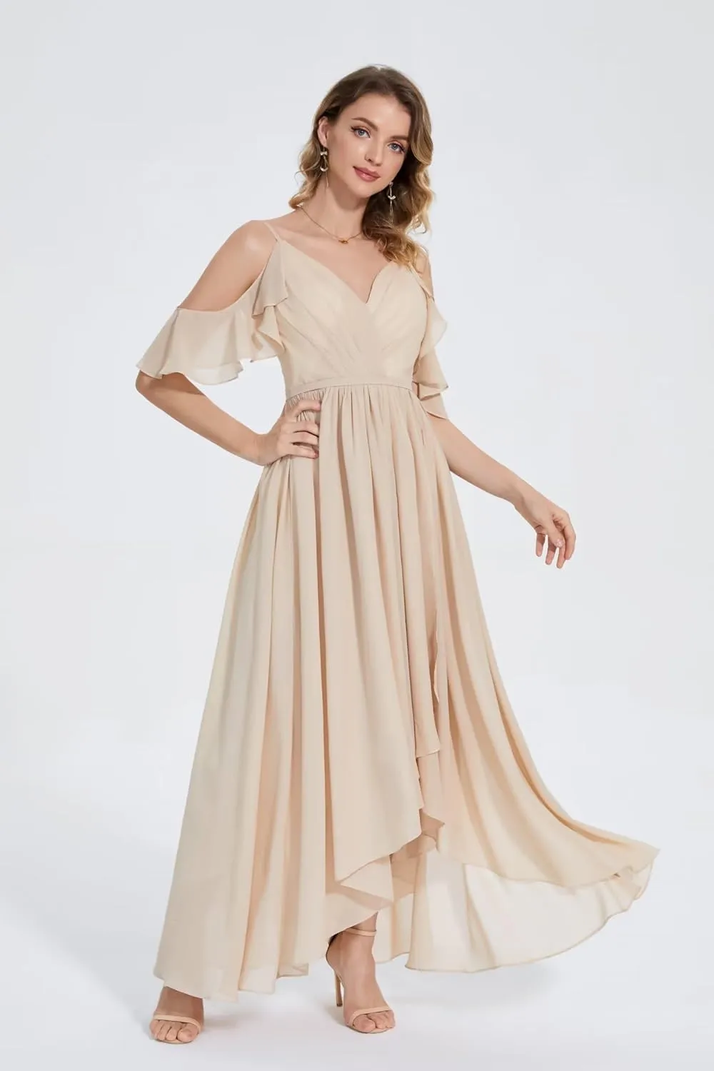 Maxianever Women's Cold Shoulder Bridesmaid Dresses Long Chiffon for Wedding Backless V Neck Formal Gowns with Slit
