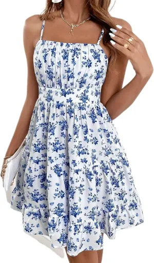 Melliflo Women's Floral Print Mini Dress Ruched Sleeveless Ruffle Hem A Line Swing Cocktail Vacation Cami Dress