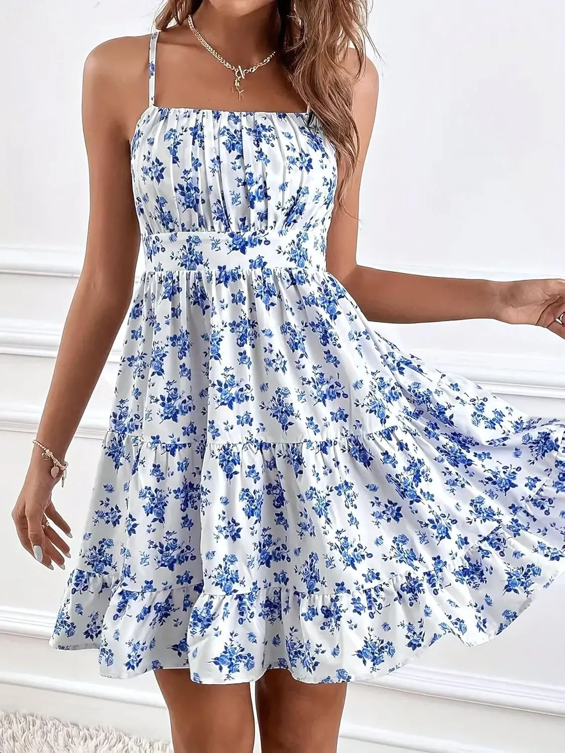 Melliflo Women's Floral Print Mini Dress Ruched Sleeveless Ruffle Hem A Line Swing Cocktail Vacation Cami Dress