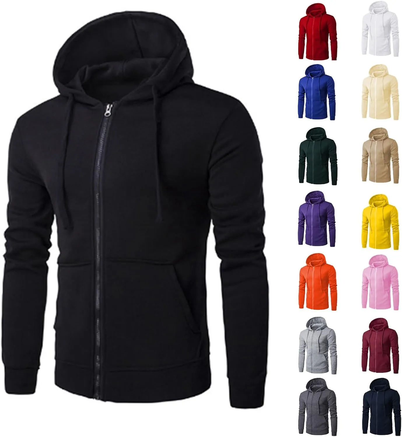 Men Fall Fashion Sweatshirts Long Sleeve Solid Color Hoodies Sweatshirt Full Zipper Drawstraing Jacket with Pockets
