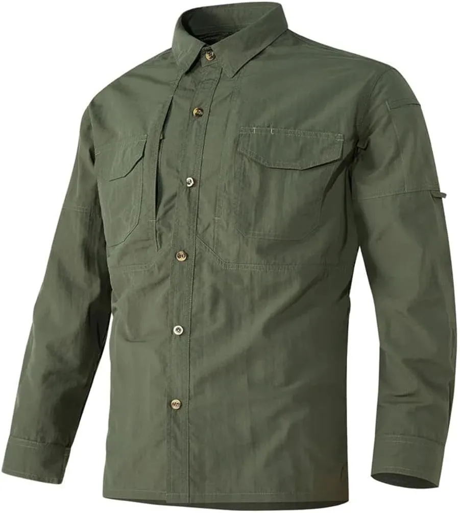 Men Outdoor Multi-Pocket Quick Dry Cargo Camping Long-Sleeved Shirt Casual Button Down Shirt