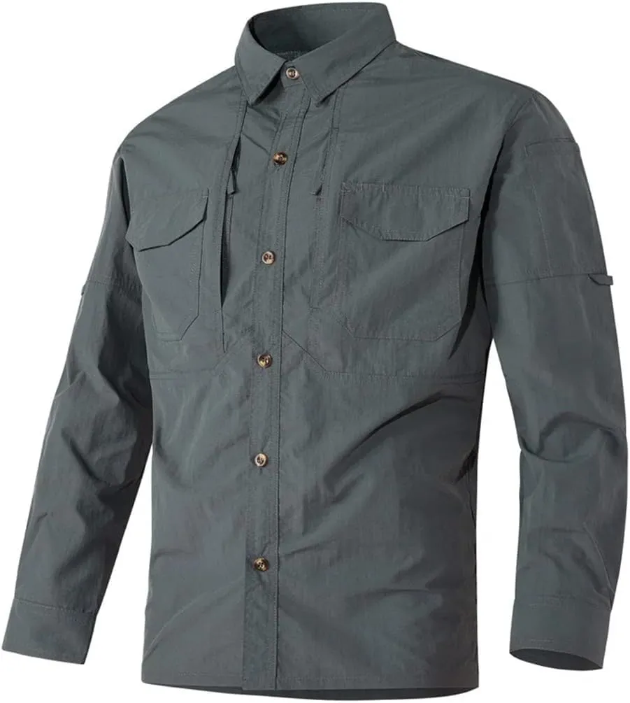 Men Outdoor Multi-Pocket Quick Dry Cargo Camping Long-Sleeved Shirt Casual Button Down Shirt