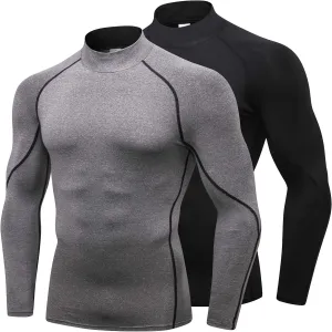 Mens 2 Pack Mock Turtleneck Compression Shirt Long Sleeve Sports Undershirt Athletic Baselayer Running T-Shirt