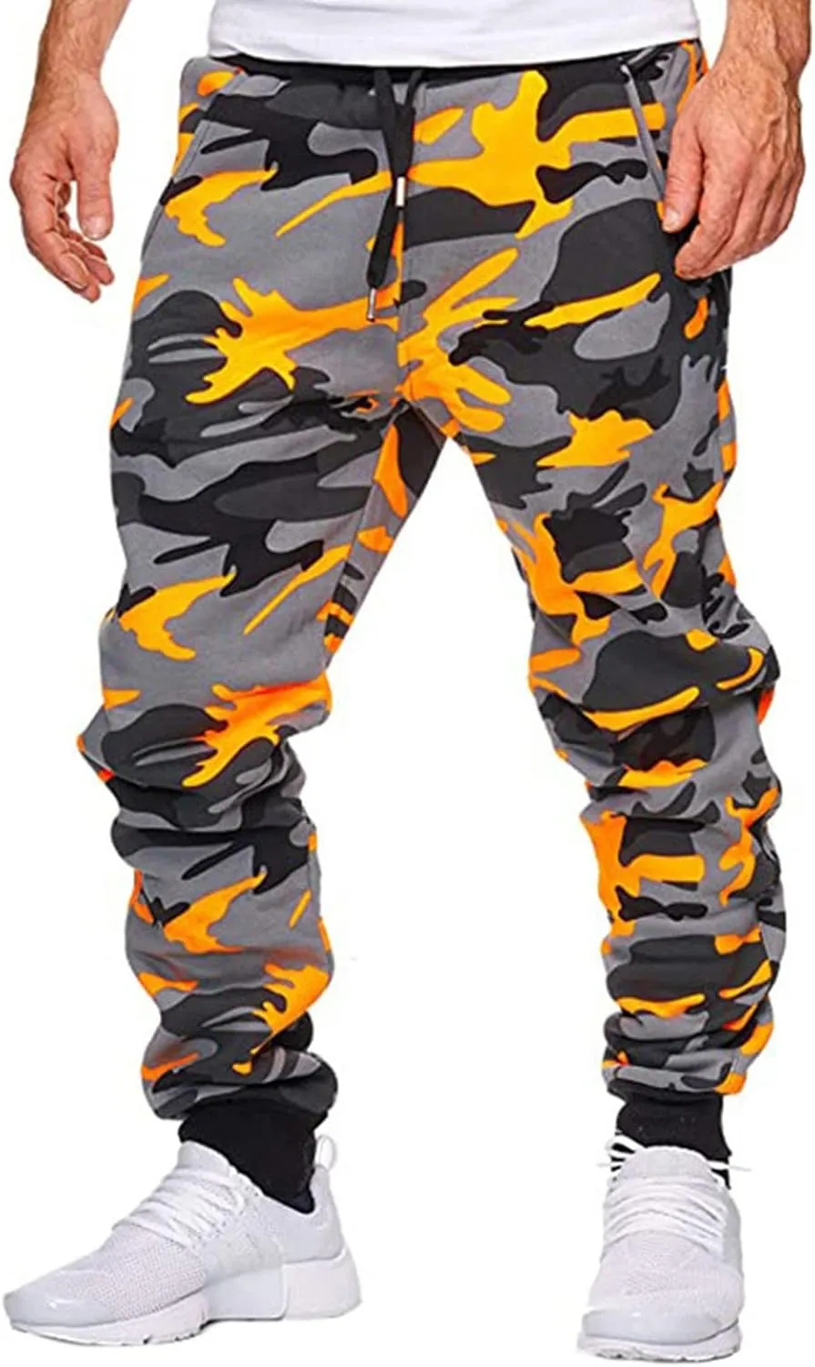Mens Camo Drawstring Cargo Pants Casual Stretch Sweatpants Athletic Running Tactical Military Trousers with Pockets