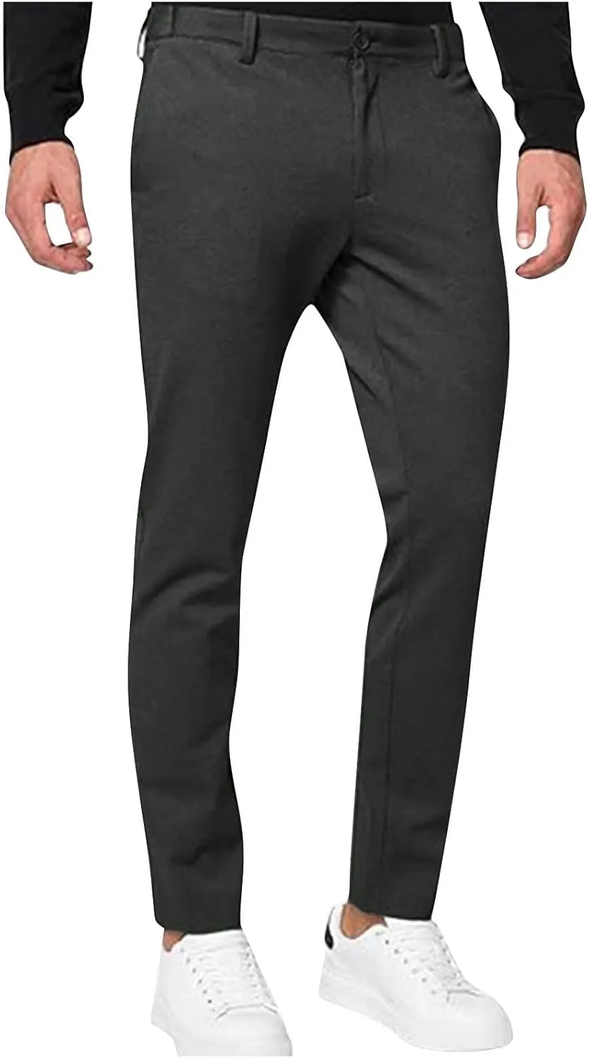 Mens Casual Stretch Chino Pants Slim Fit Expandable Waist Flat Front Khaki Pant Lightweight Golf Trousers with Pocket