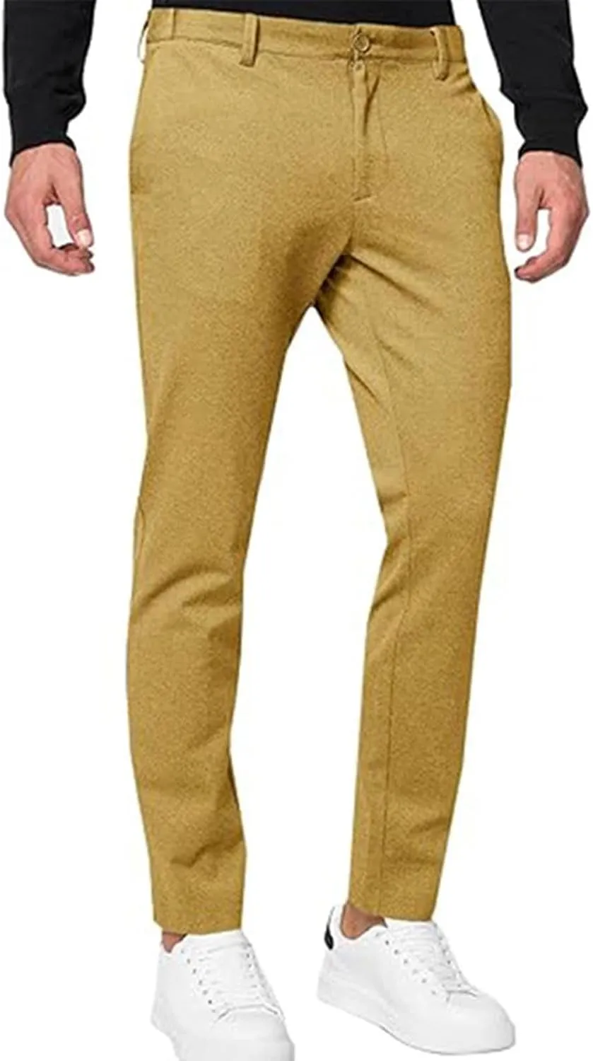 Mens Casual Stretch Chino Pants Slim Fit Expandable Waist Flat Front Khaki Pant Lightweight Golf Trousers with Pocket